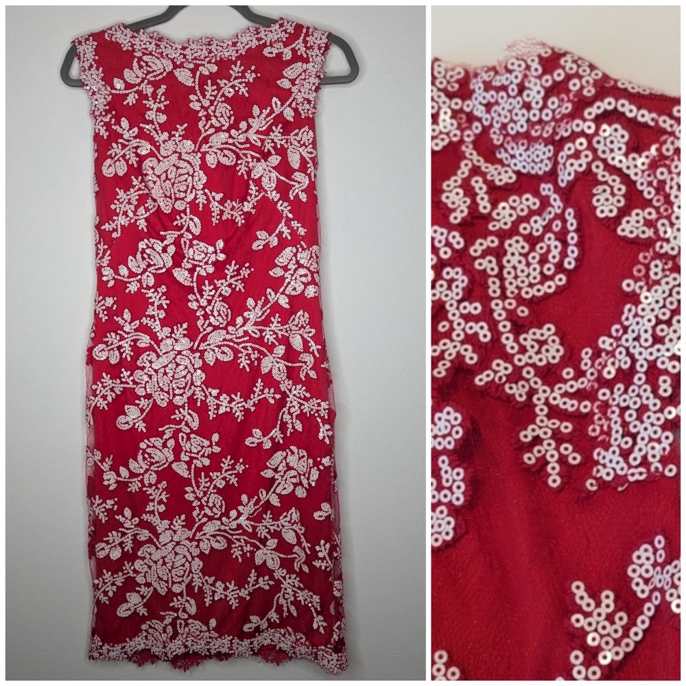 NWT Tadashi Shoji Dress Red Lace Cocktail Sheath White Sequined size 6